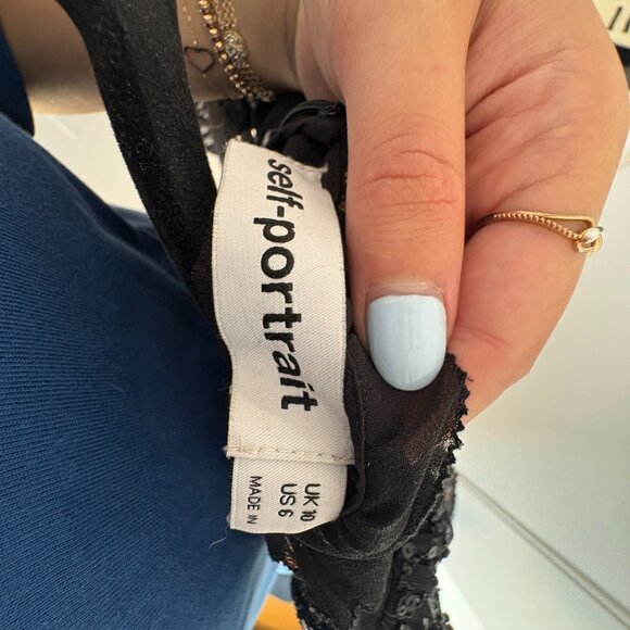 Self-Portrait Mini Dress Black Crepe LBD Puff Sleeves Lace Embellished Bib Sz 6 - Picture 2 of 9